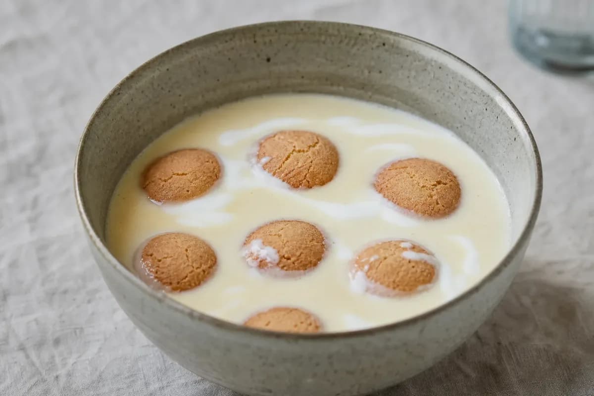 Chilled Danish koldskål served in a bowl with kammerjunker biscuits on top, garnished with fruit.