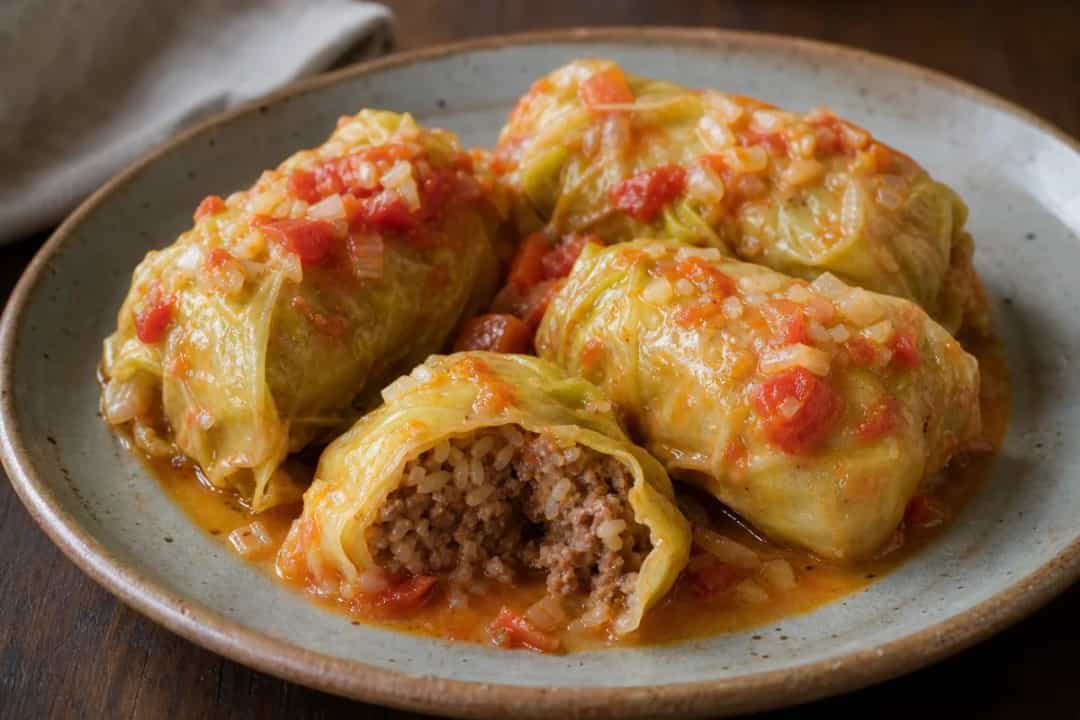 Cabbage rolls filled with seasoned beef and rice, garnished in tomato sauce.