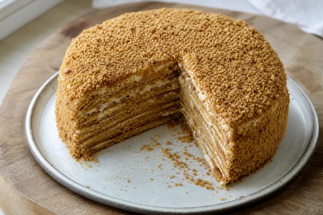 Russian Honey Cake Medovik with Creamy Layers and Nuts