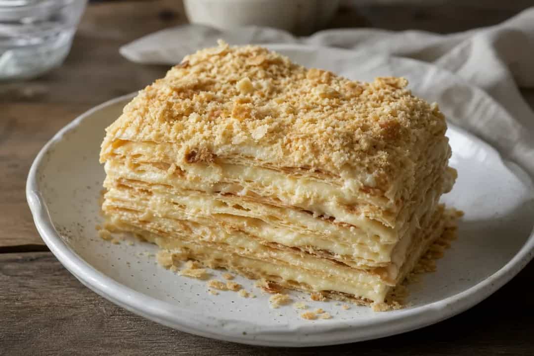 Layered Russian Napoleon Cake with flaky pastry and creamy vanilla filling, elegantly plated.