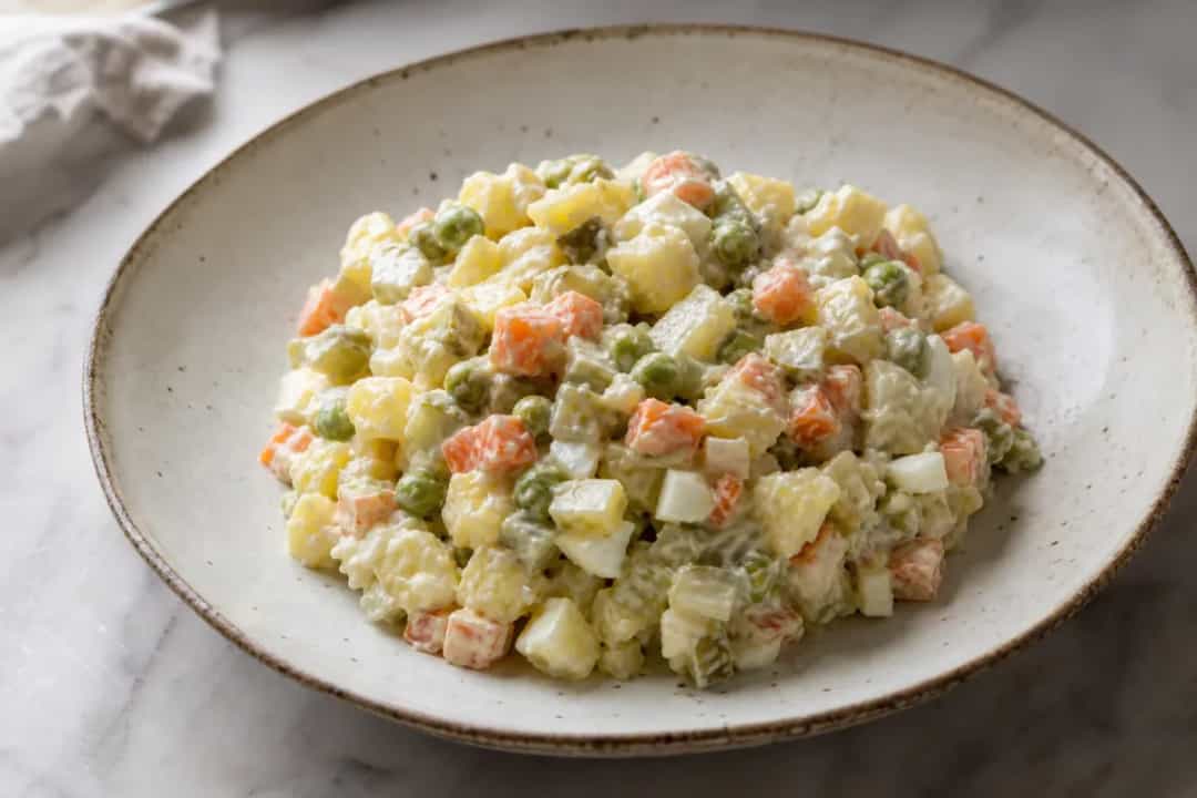 Colorful Russian Olivier salad with diced potatoes, peas, and pickles, garnished with fresh herbs.
