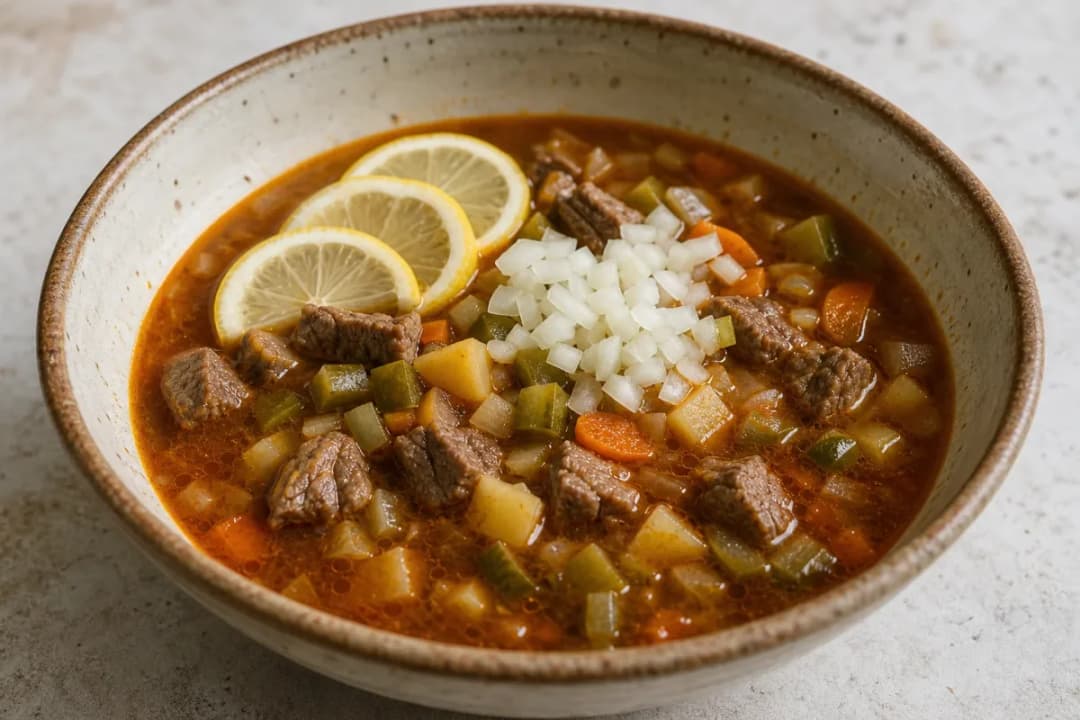 Russian Solyanka Soup with Beef, Pickles and Lemon Flavor