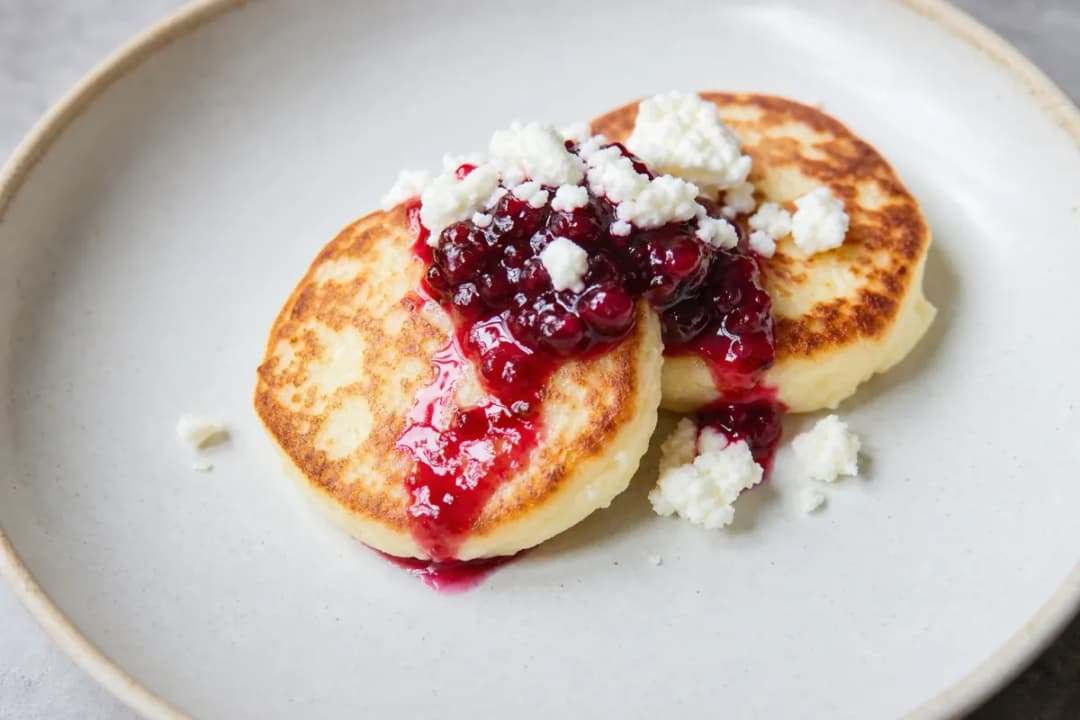 Russian Syrniki with Sweet Cheese and Berry Sauce
