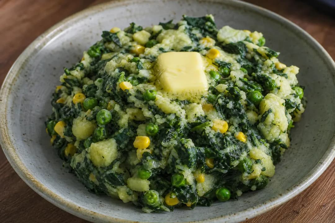 Rustic Kenyan Mukimo with Potatoes, Greens, Corn and Peas
