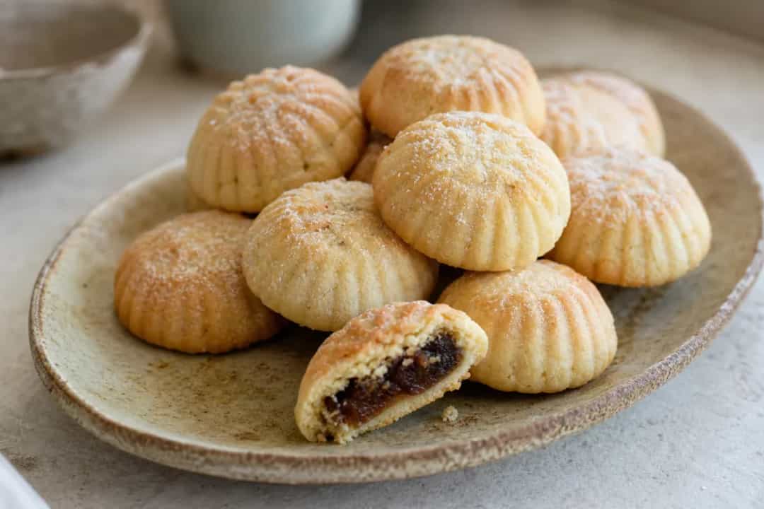 Plated Saudi Maamoul cookies dusted with powdered sugar, revealing sweet date filling.