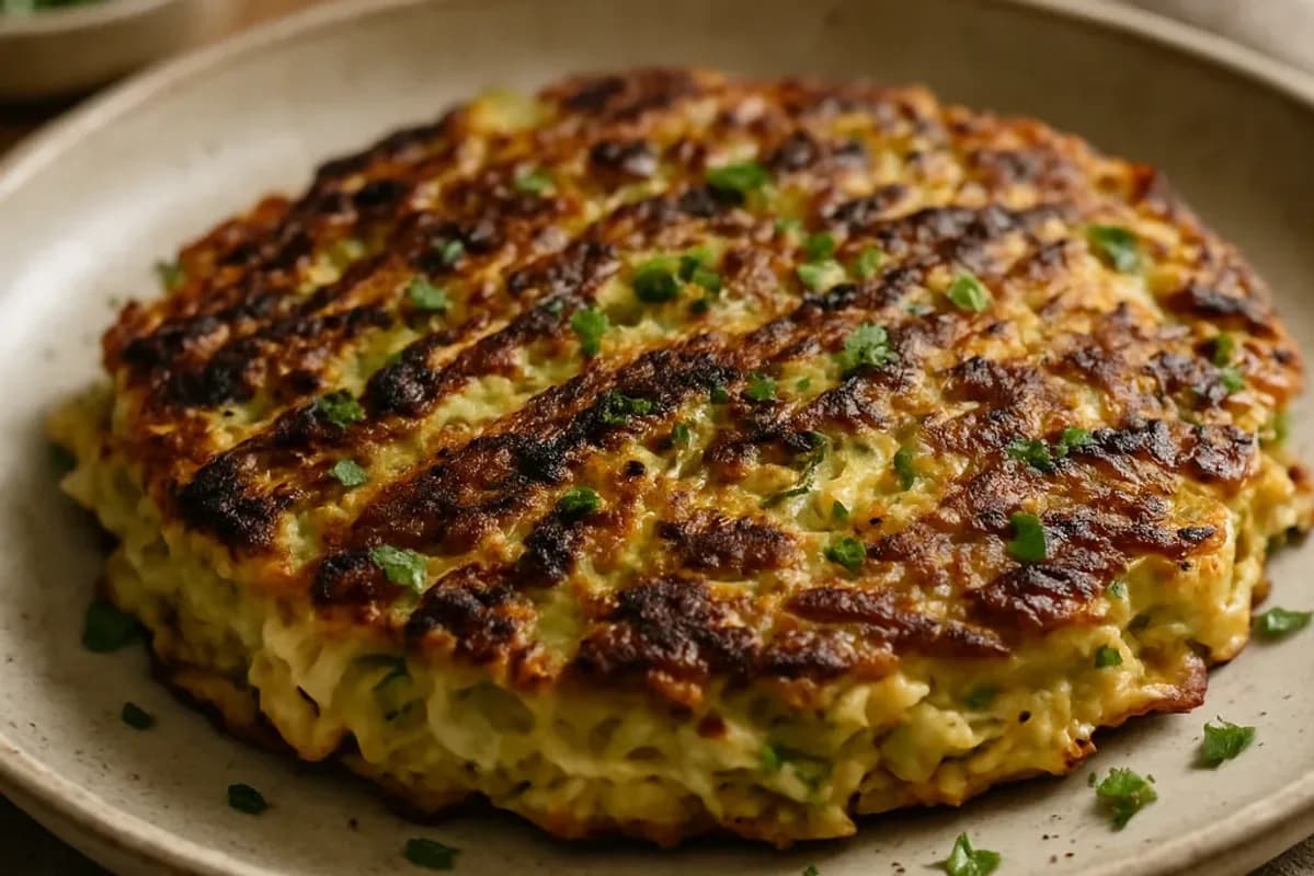 Japanese Okonomiyaki with Cabbage and Savory Sauce