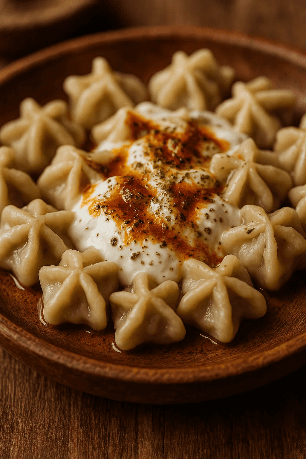 Close-up of Savory Manti Steamed Turkish Dumplings, plated dish with natural food texture (dinner recipe)