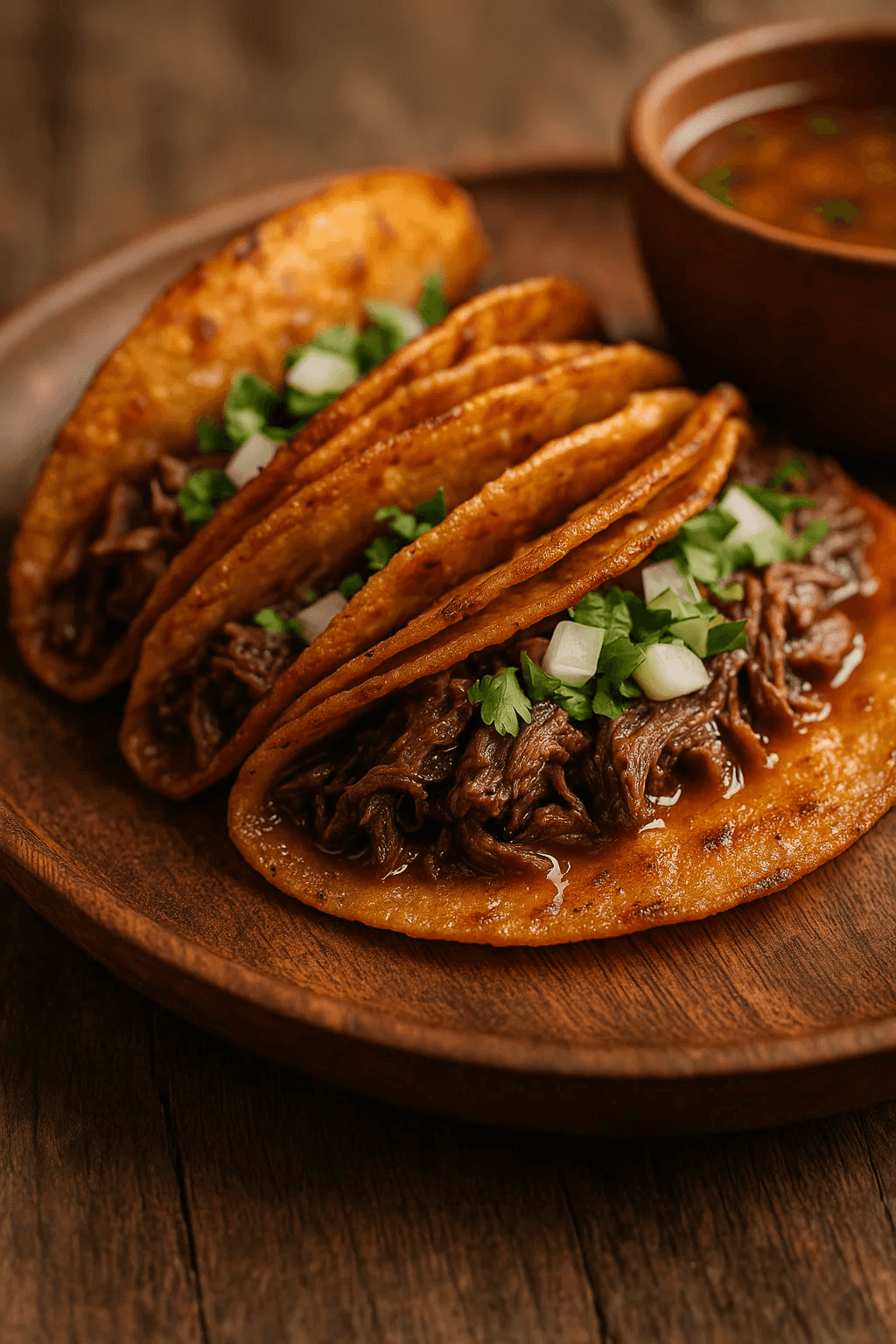Close-up of authentic Mexican Savory Quesabirria Tacos with Slow-Cooked Beef, plated dish with natural food texture (dinner recipe)