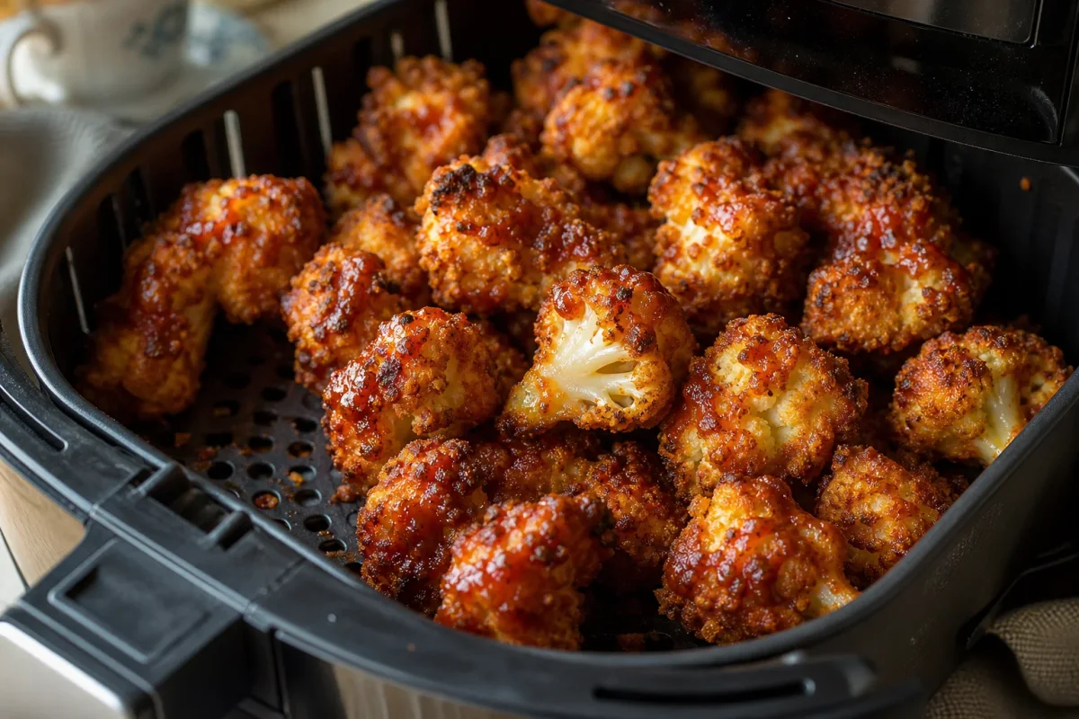 Crispy air-fried BBQ cauliflower bites, golden brown, served with dipping sauce.