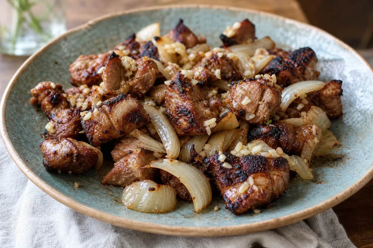 Grilled shashlik skewers with smoky texture, marinated onions, and herbs.