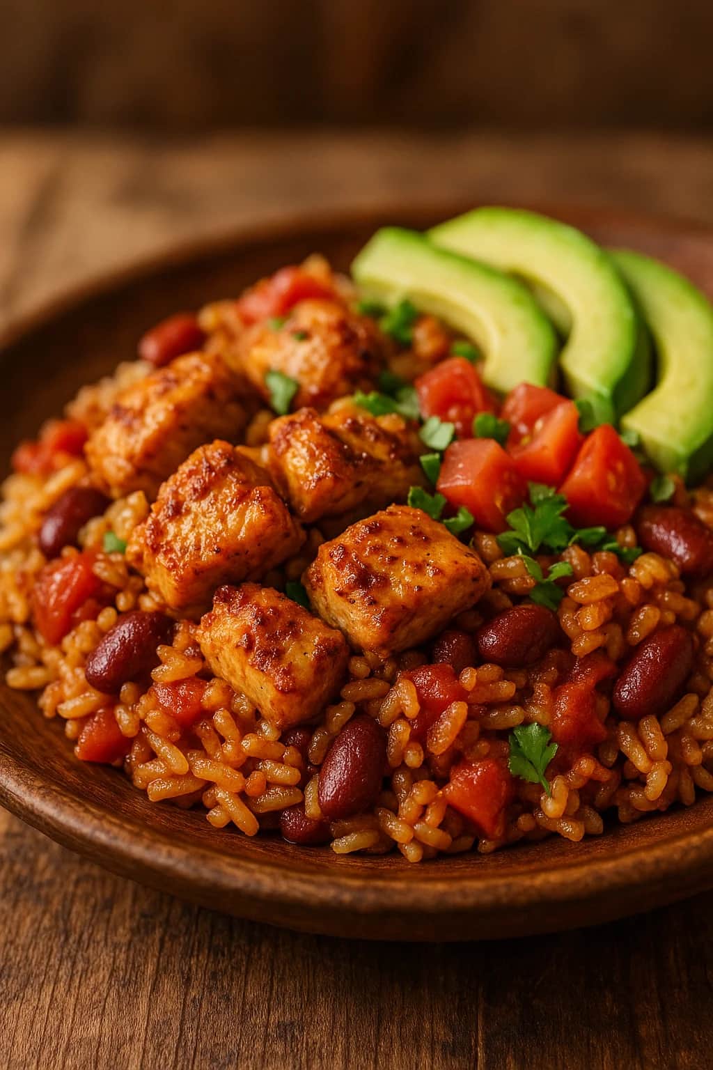 Close-up of Spicy Mexican Chicken Taco Rice Skillet, served in a bowl with clear ingredient detail (dinner recipe)