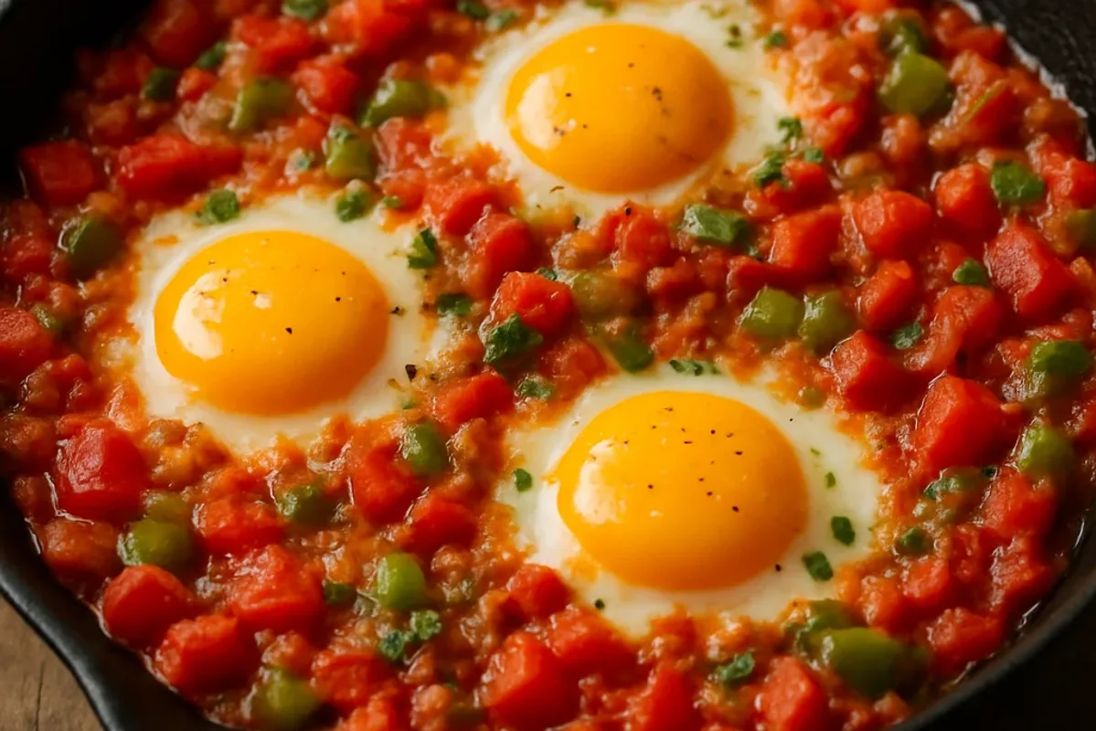 Spicy Turkish Menemen with Tomatoes, Peppers and Eggs