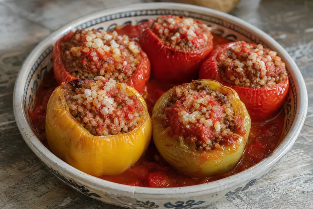 Stuffed Romanian Peppers with Beef, Rice and Tomato Sauce