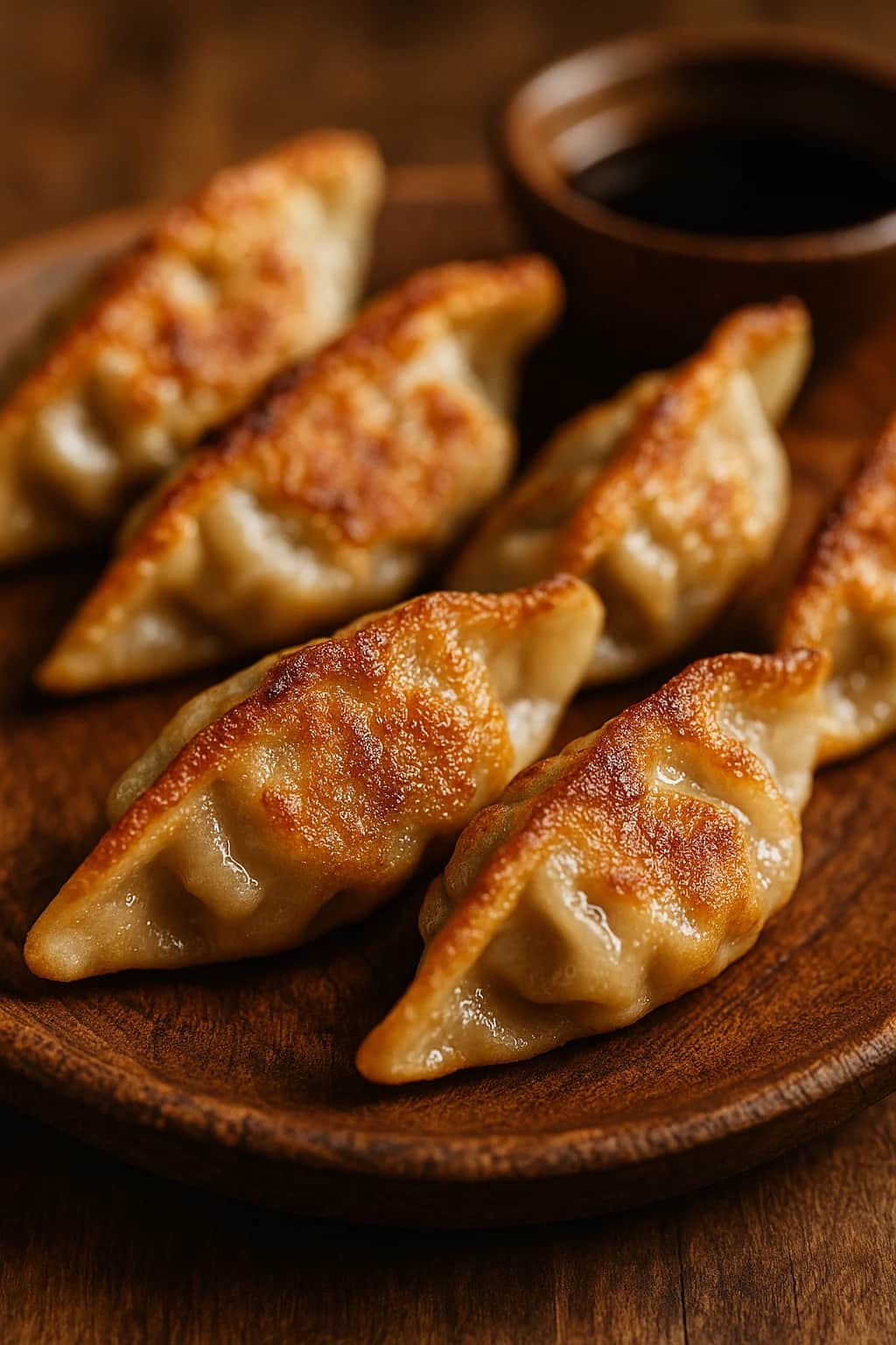 Close-up of authentic Asian Super Crispy Gyoza Made Quick in the Air Fryer, inside an open air fryer basket with crispy golden browning (dinner recipe)