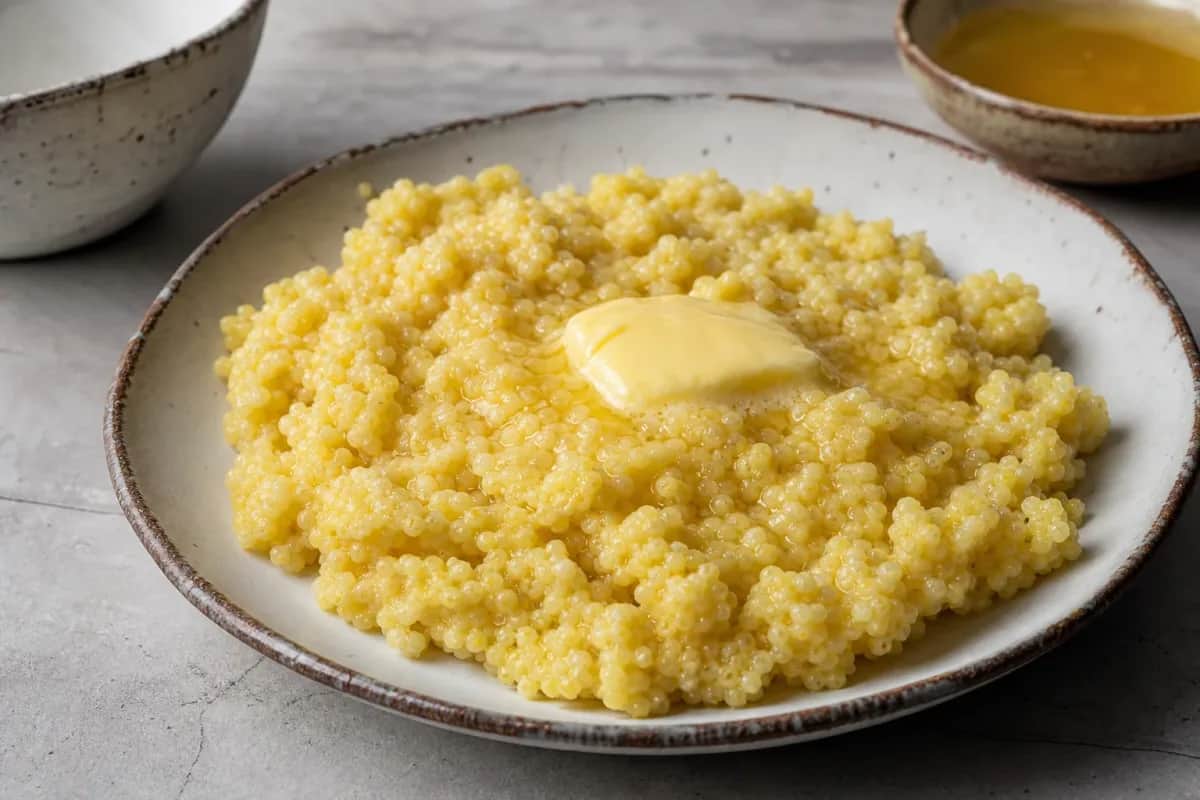 A plate of sweet Kazakh Zhent showcasing a golden millet texture, drizzled with honey and garnished with nuts.