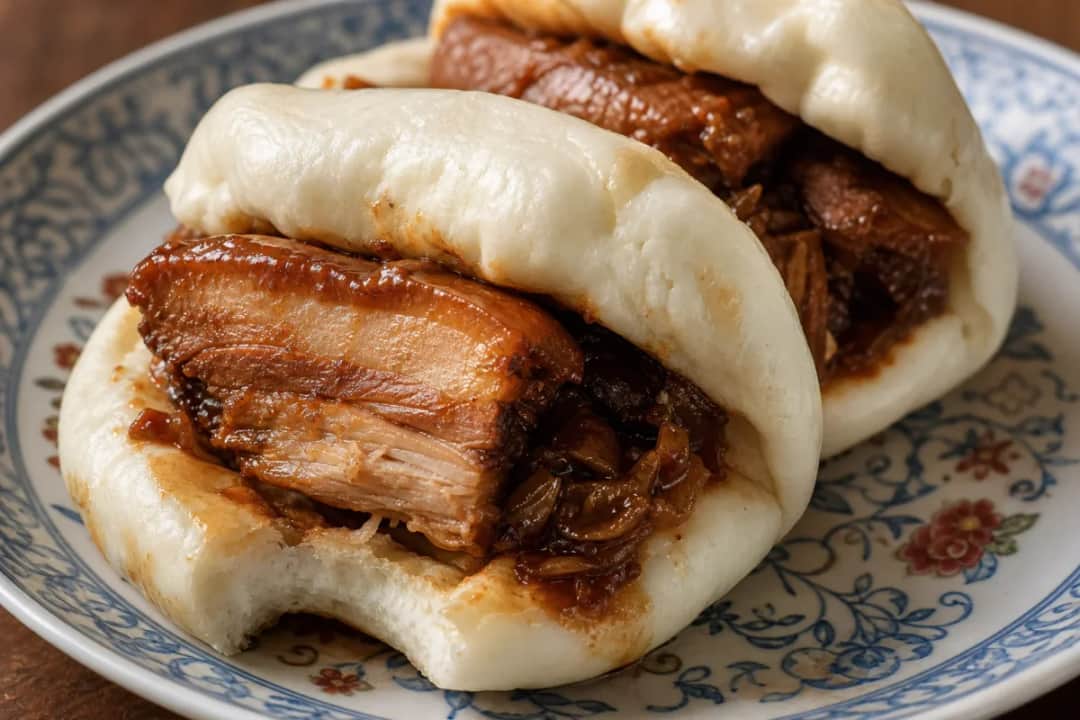 Fluffy steamed buns filled with braised pork belly and fresh herbs, plated beautifully.