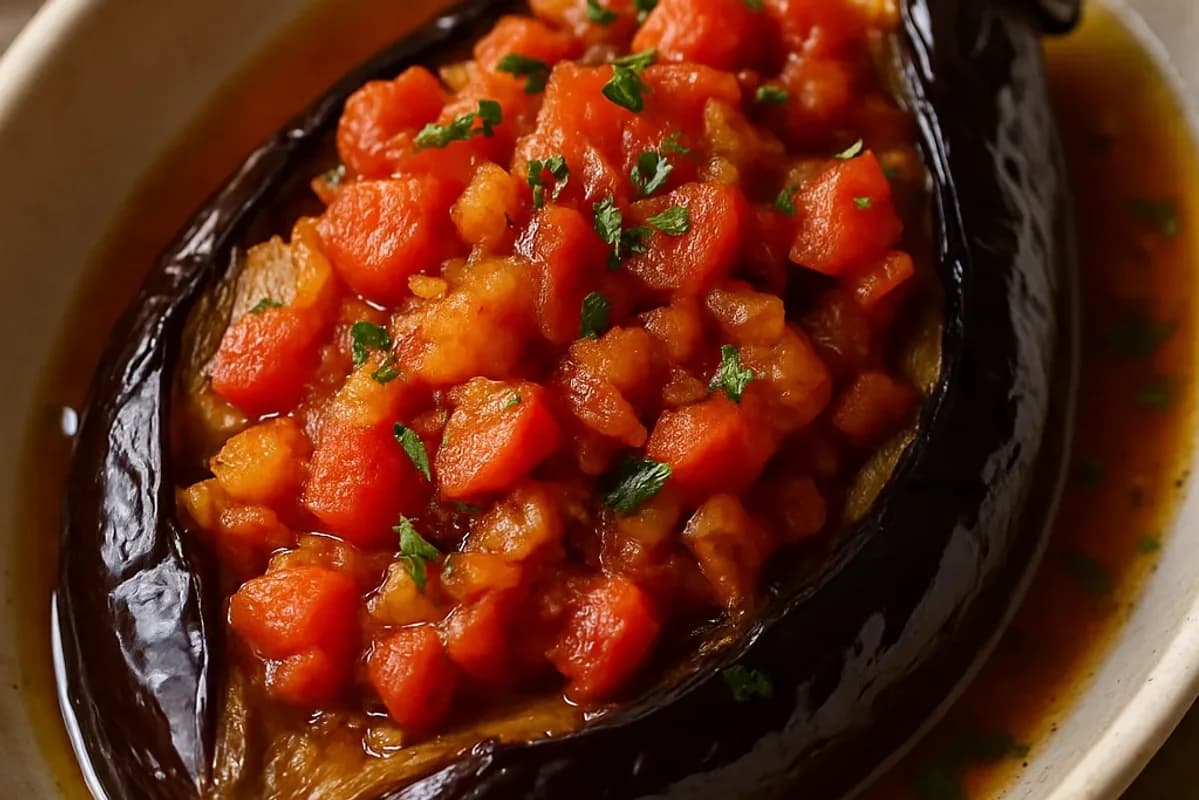 Tender Eggplant Baked with Olive Oil and Tomatoes — vegan recipe, beautifully plated and ready to serve