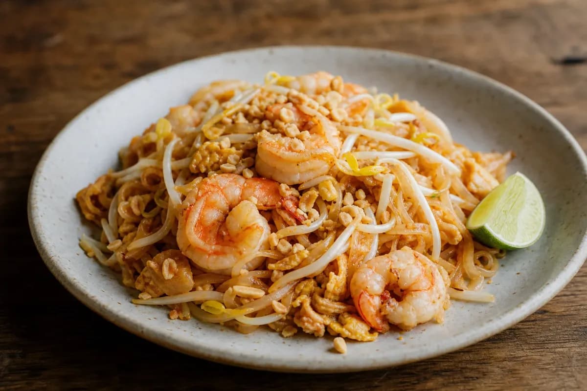 A vibrant plate of Pad Thai with shrimp, garnished with peanuts and lime wedges, showcasing colorful vegetables and glossy noodles.