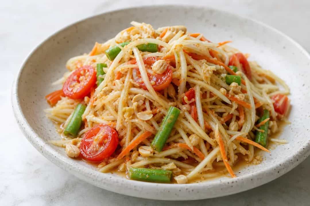 A vibrant plate of Thai Som Tam salad featuring shredded green papaya, tomatoes, peanuts, and a drizzle of dressing, garnished with fresh herbs.