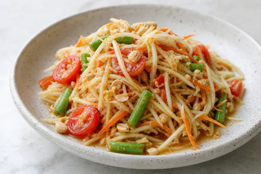 Thai Som Tam Green Papaya Salad with Fresh Vegetables and Peanuts