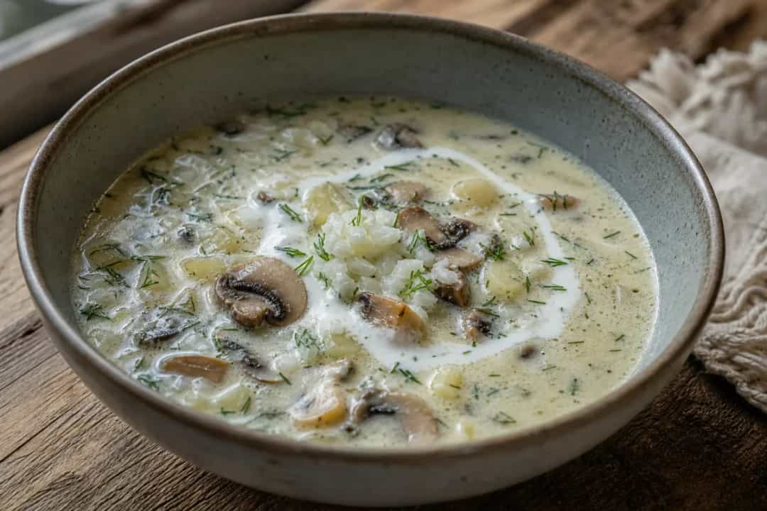 Creamy mushroom dill soup garnished with fresh dill and potatoes in a bowl.