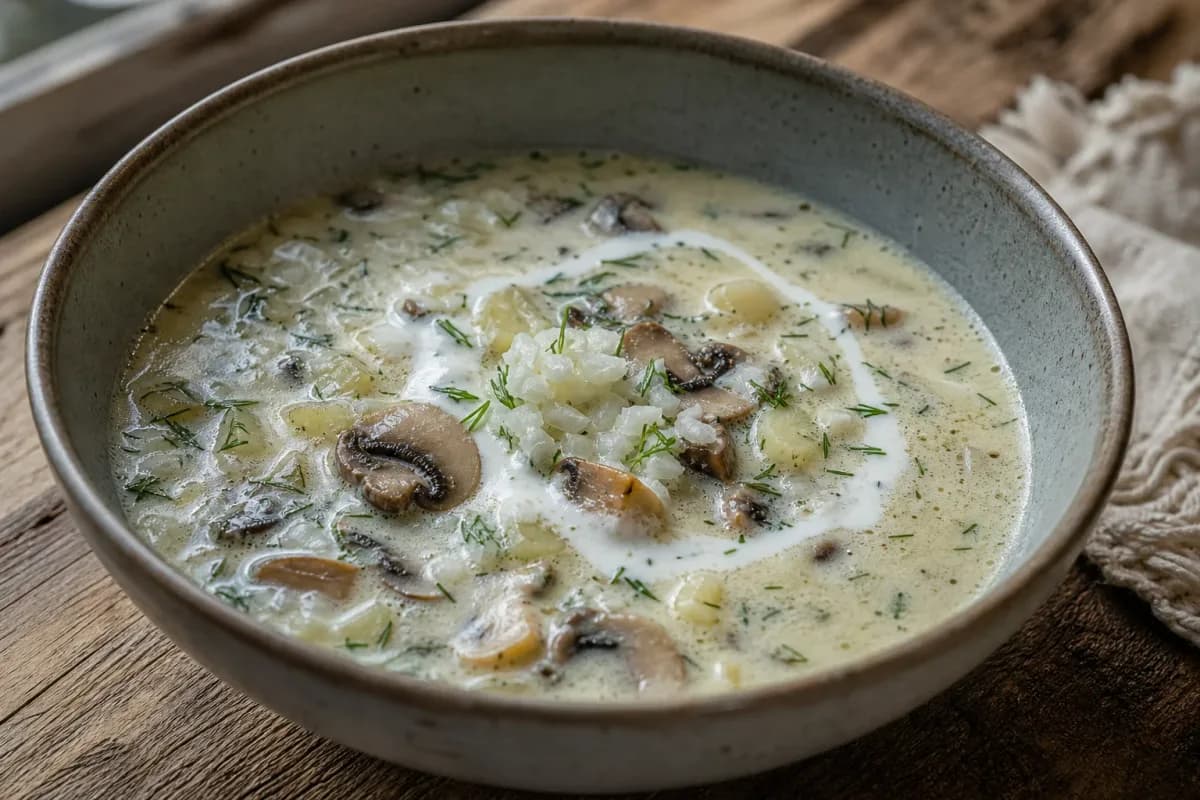 Creamy mushroom dill soup garnished with fresh dill and potatoes in a bowl.