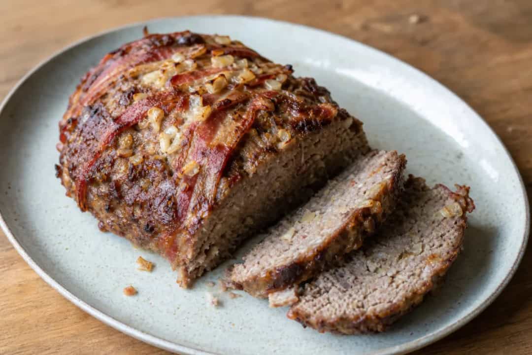 Sliced traditional Czech sekaná meatloaf garnished with herbs, showcasing a savory texture and rich color.