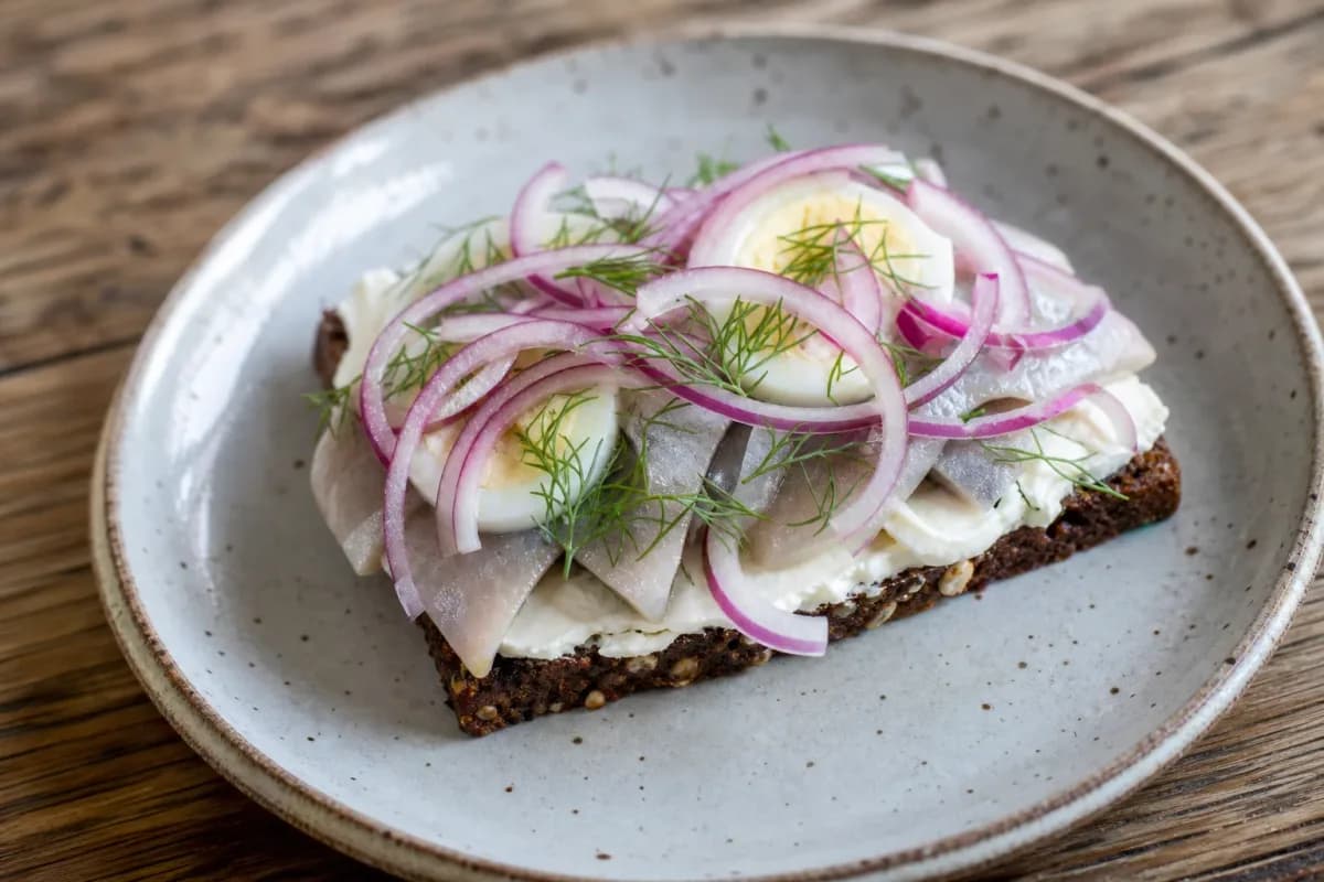 Layers of rye bread topped with herring, egg, and fresh herbs, beautifully presented on a plate.