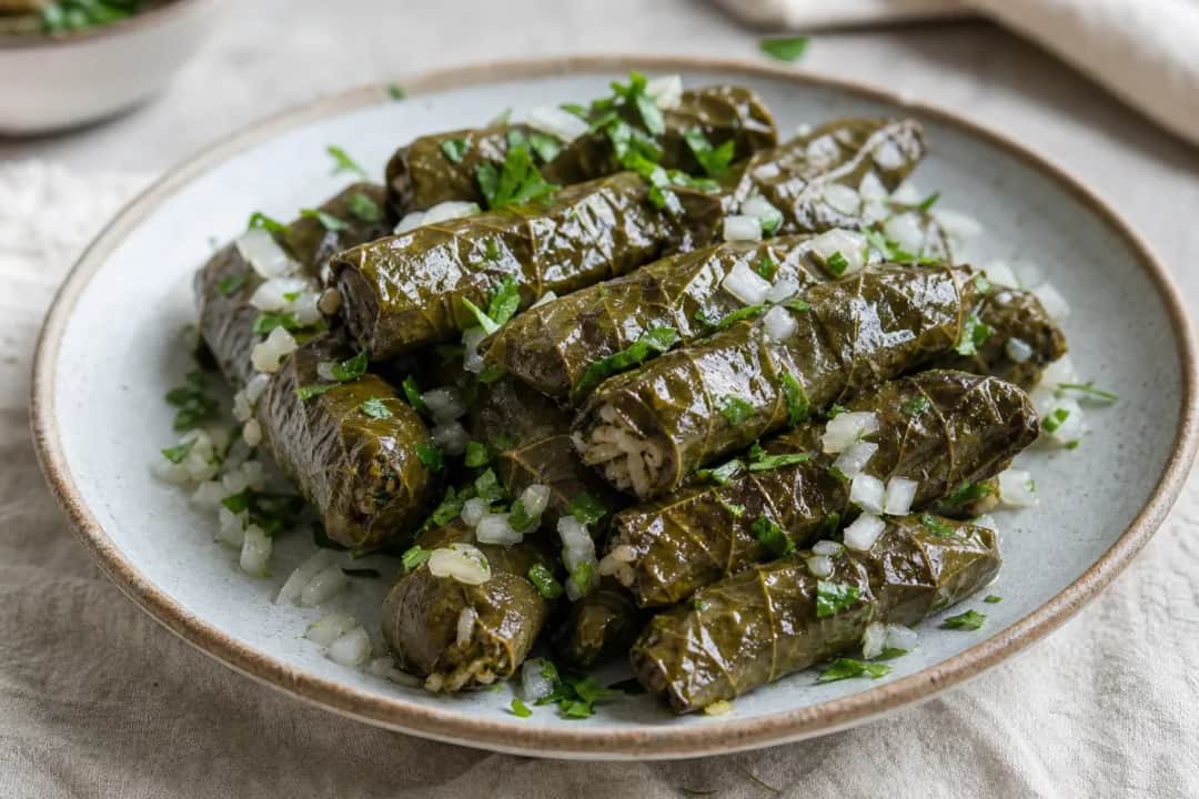 Stuffed grape leaves arranged on a plate, garnished with lemon slices and herbs.
