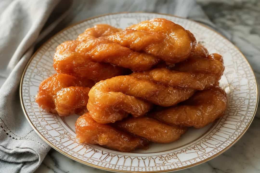 Crispy South African koeksisters glazed with syrup, golden brown and stacked on a plate.