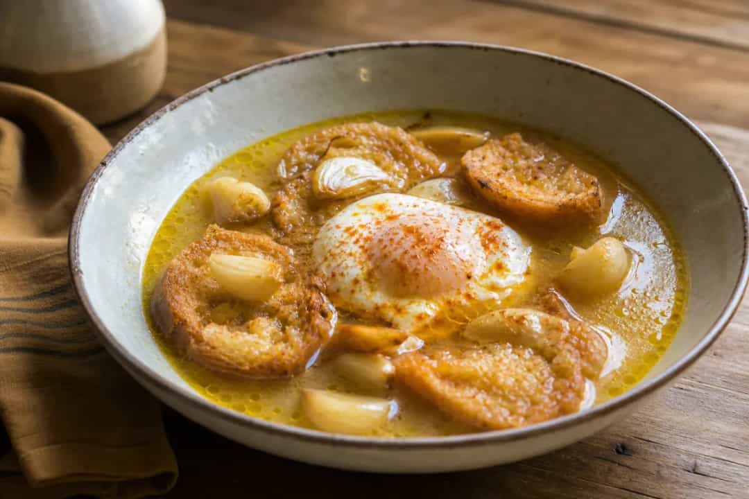 Bowl of Sopa de Ajo with poached egg and toasted bread, garnished with parsley.