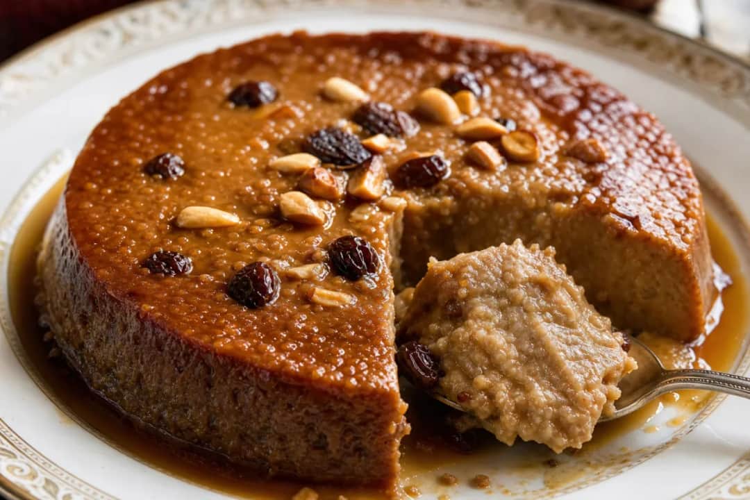 Creamy Sri Lankan Watalappan custard topped with grated coconut on a plate.