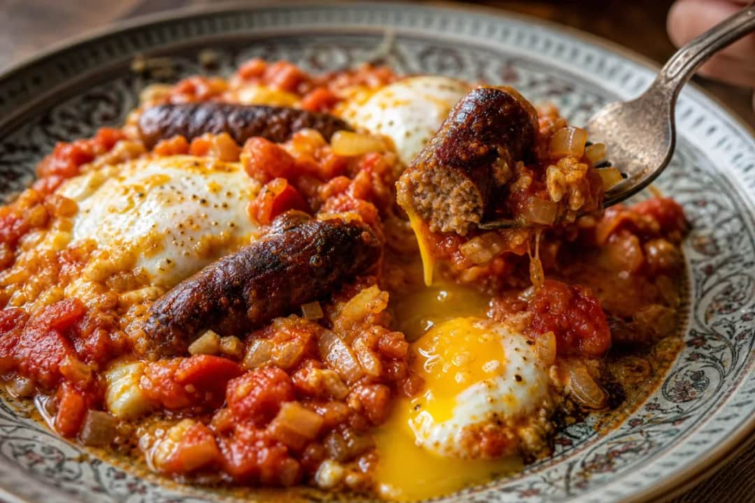 Plate of Ojja with merguez sausage, vibrant tomato sauce, and fresh herbs garnishing the dish.