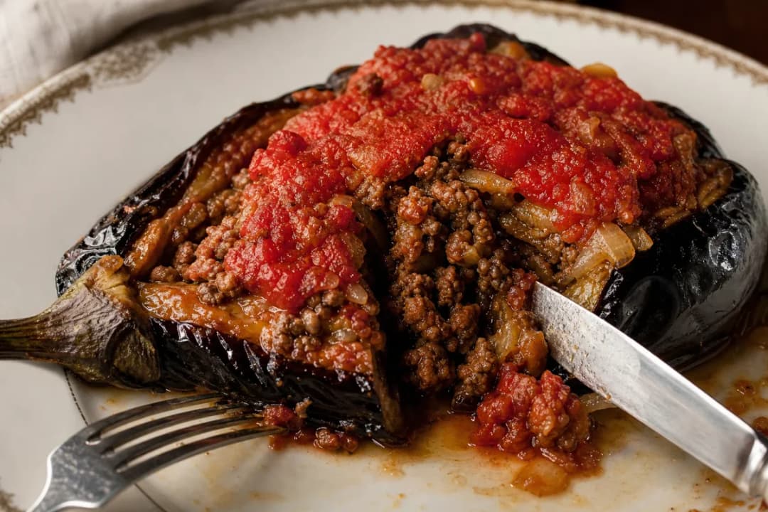Traditional Turkish Karniyarik with Spiced Ground Meat Filling