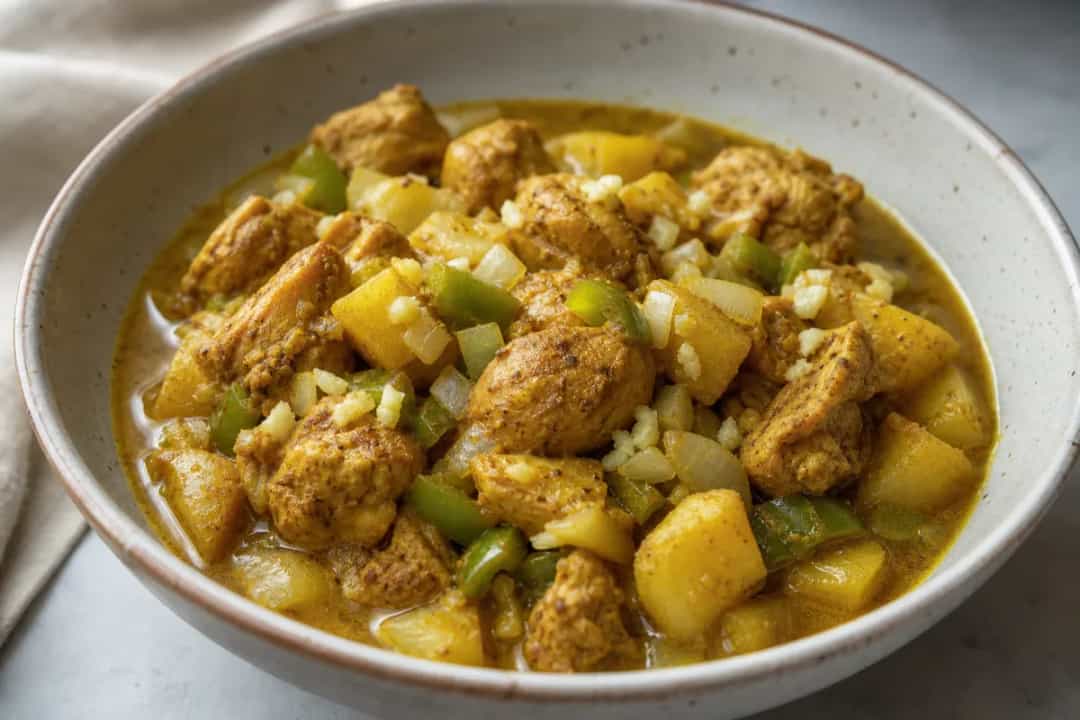 A plate of Trinidadian chicken roti with curried potatoes, showcasing vibrant spices and a soft, warm wrap.
