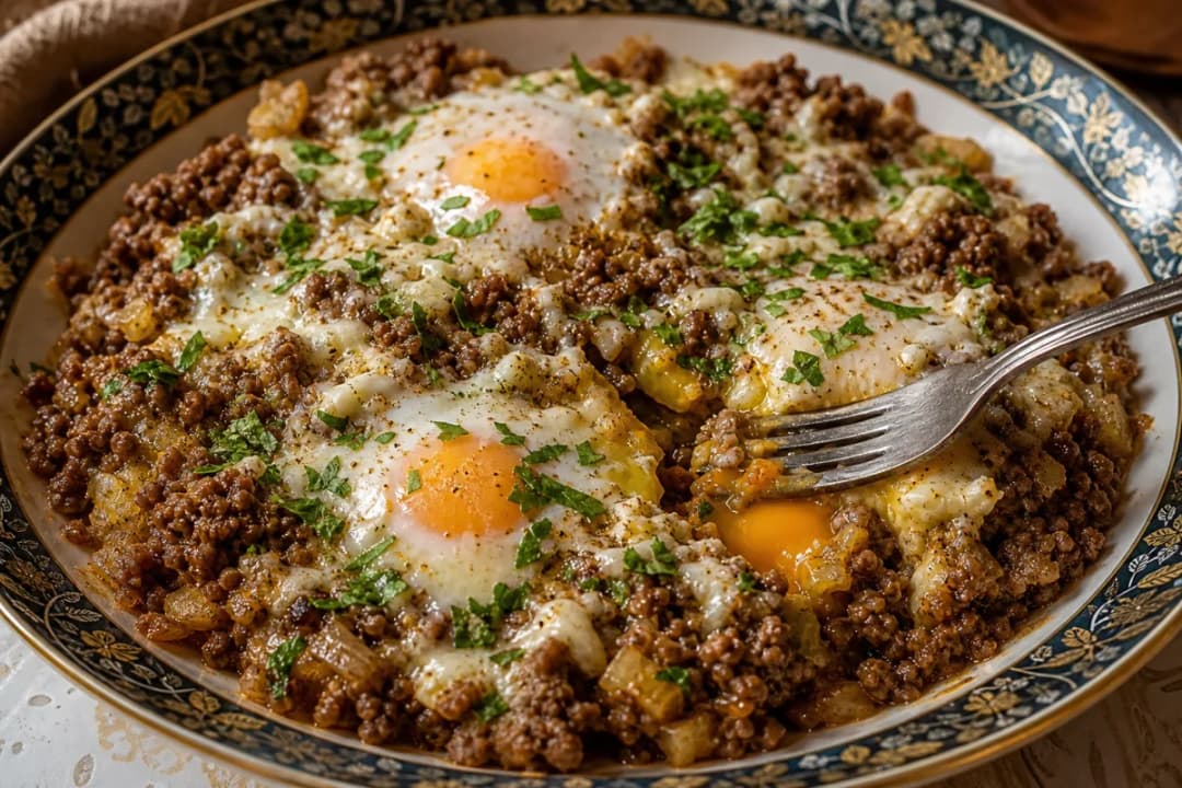 Tunisian Tajine with Savory Meat, Cheese, and Fresh Herbs