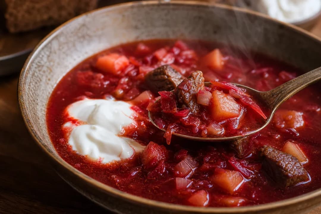 Ukrainian Borscht with Tender Beef and Creamy Sour Cream
