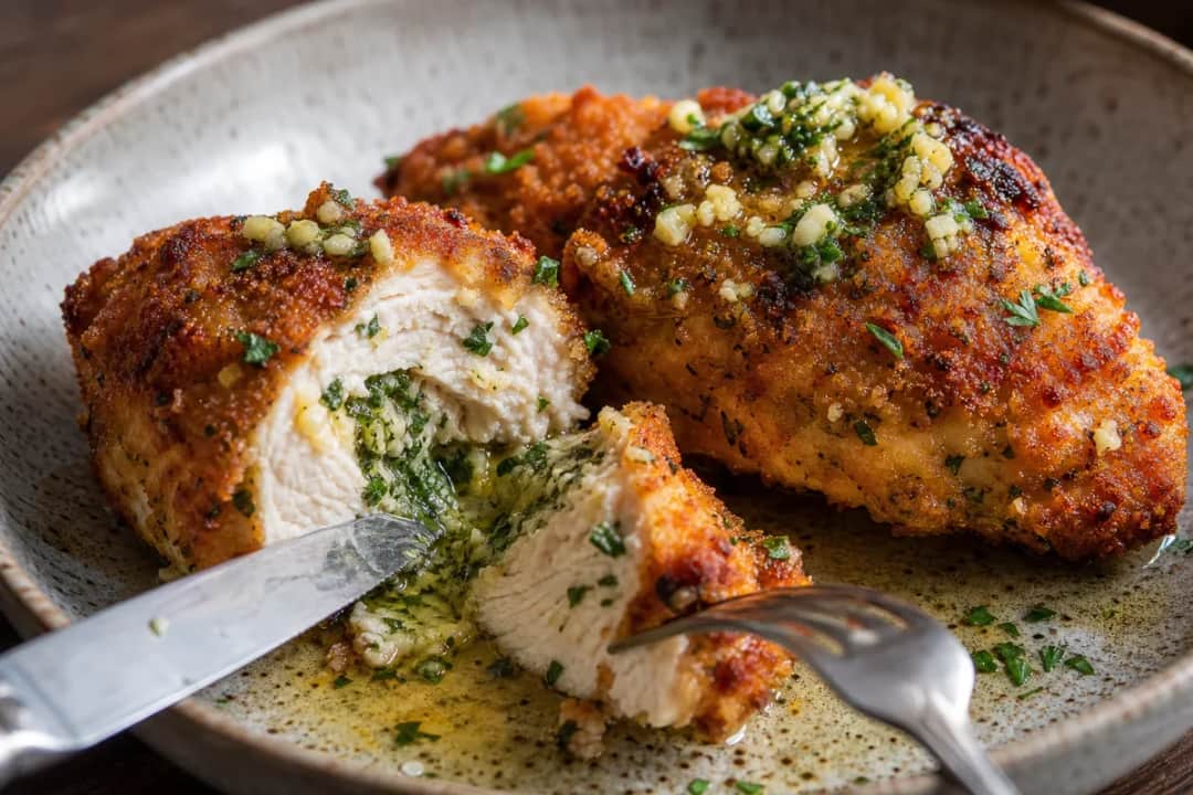 Golden brown chicken Kyiv with a crispy coating, garnished with herbs on a plate.