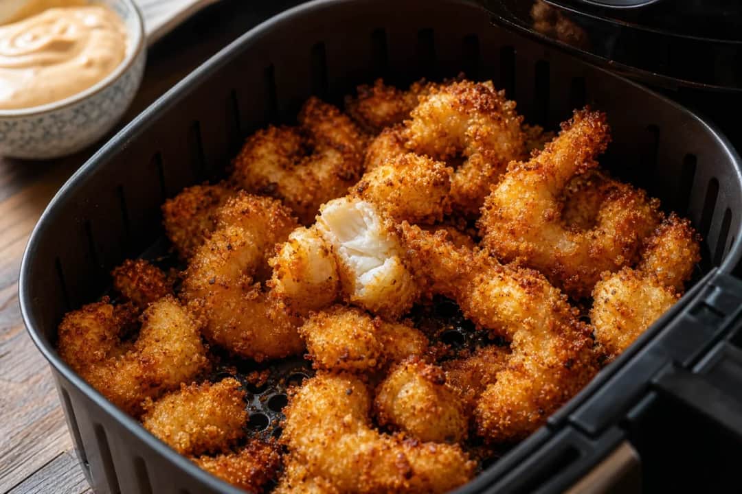 Plated bang bang shrimp with a crispy exterior and spicy sauce drizzled on top.