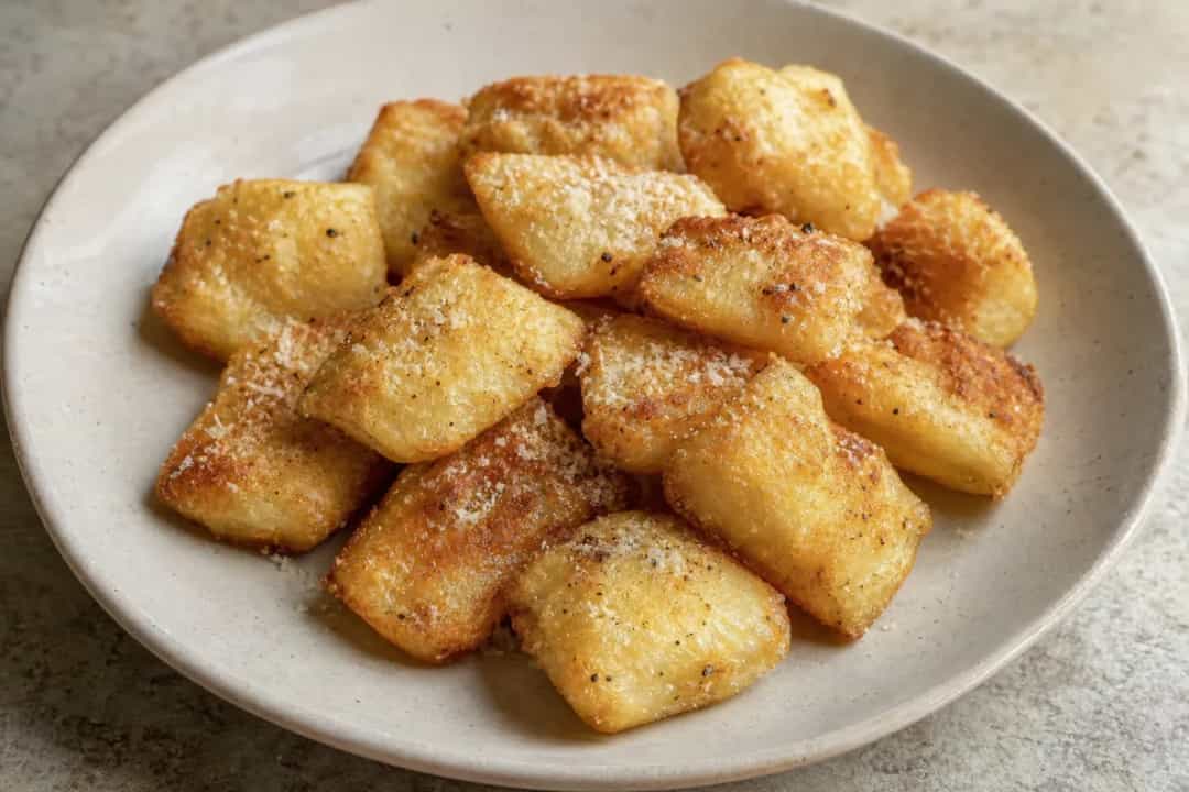 Golden-brown crispy potato pillows garnished with herbs and cheese.