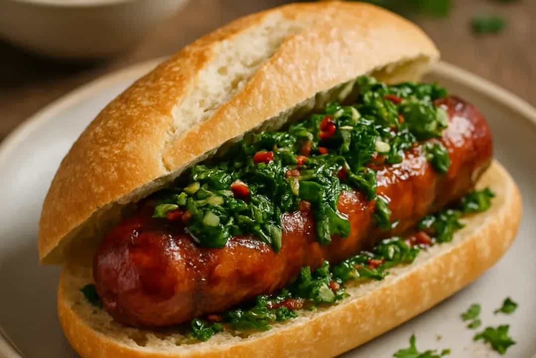 A juicy chorizo sausage nestled in crusty bread, topped with vibrant green chimichurri sauce, garnished with parsley.