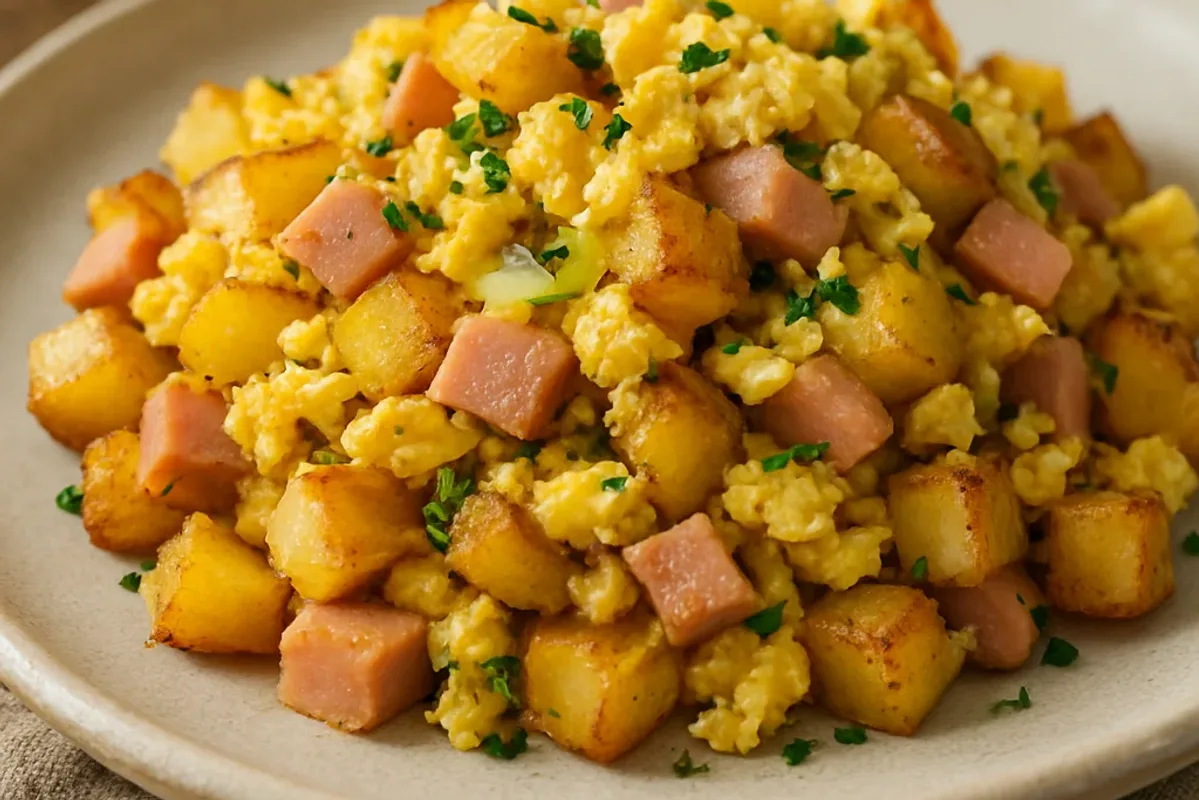 A plated serving of Revuelto Gramajo with golden crispy potatoes, scrambled eggs, and diced ham, garnished with parsley.