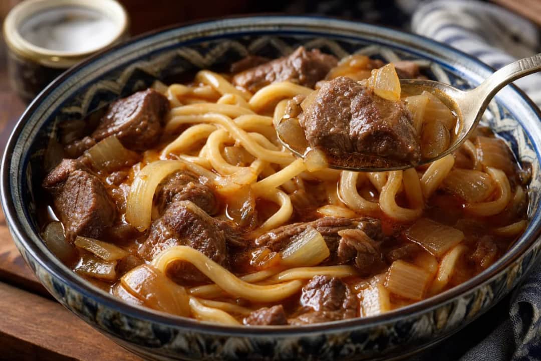 Plate of Uzbek Lagman with hand-pulled noodles, vibrant vegetables, and tender beef stew.